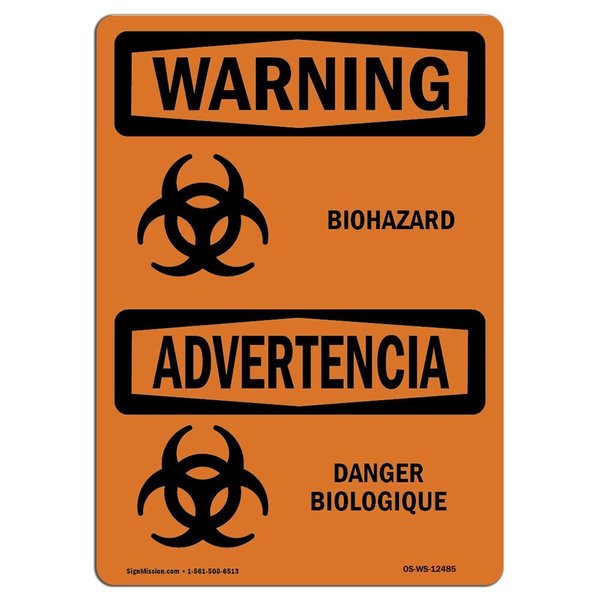 Signmission OSHA Warning Sign, 12" Height, 18" Wide, Aluminum, Biohazard Bilingual, Landscape, 1218-L-12485 OS-WS-A-1218-L-12485